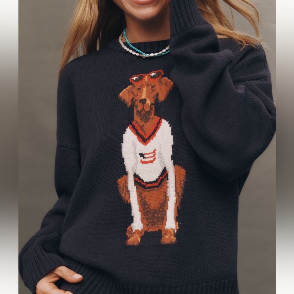 Anthropologie Porridge Jolene Pullover Sweater Americana Dog Navy Blue XL